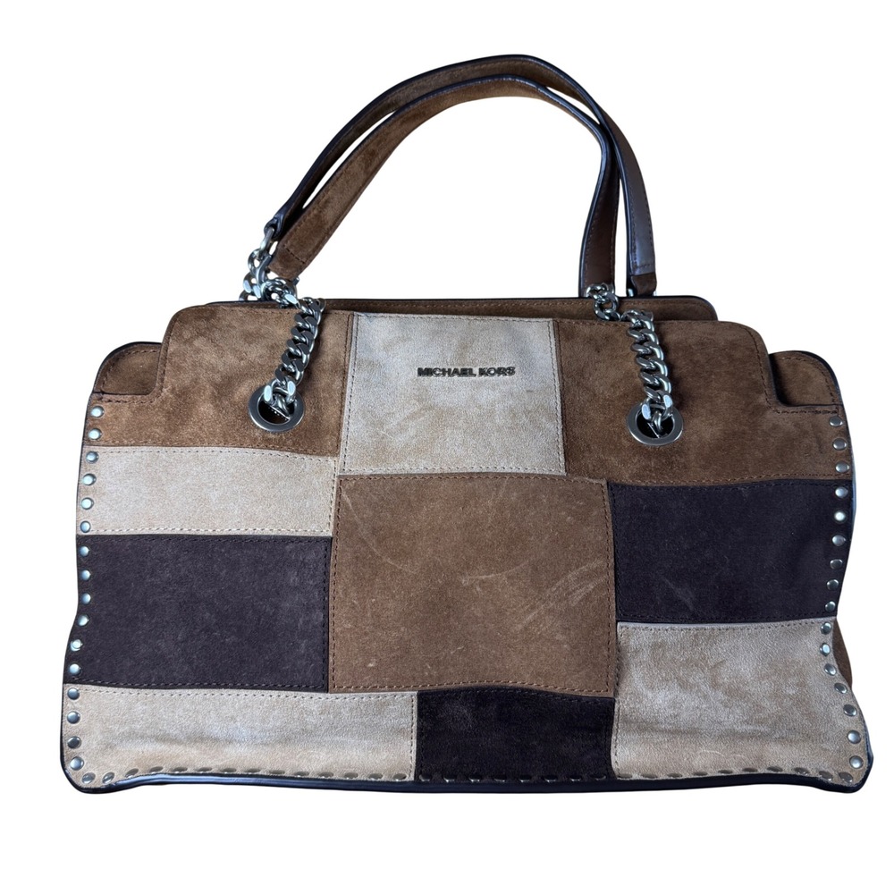 Michael Kors Astor Suede Patchwork Studded Shoulder Bag Brown Tan Silver Chain